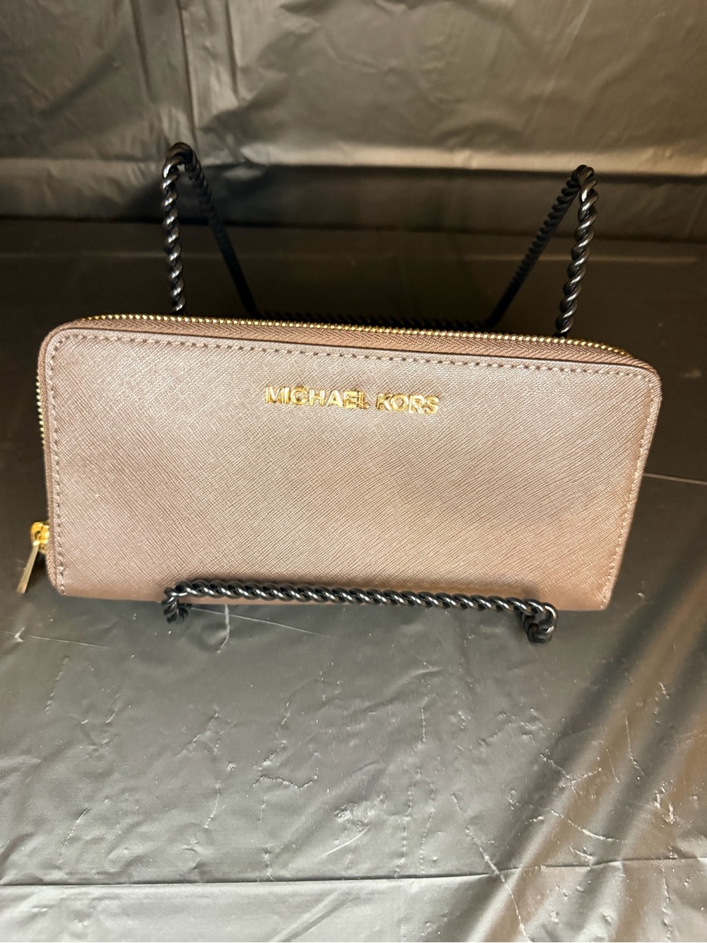 Michael Kors Taupe Saffiano Zip Wallet with Gold Logo